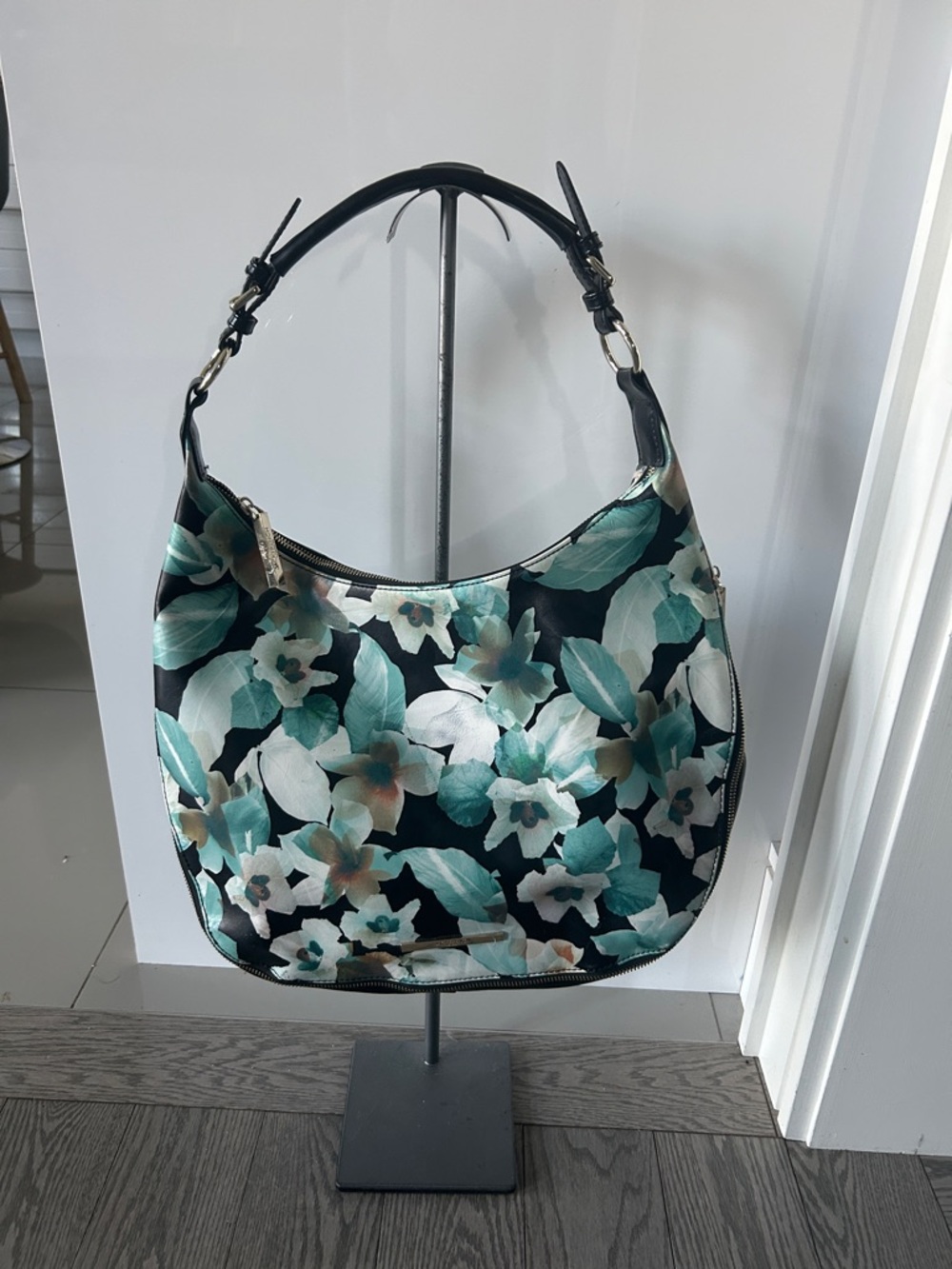 Floral Hobo Shoulder Bag in Teal, Black and Cream by jack french London